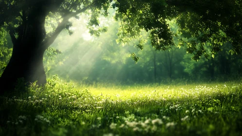 Sunlit Forest Meadow with Lush Greenery and Soft Light Rays.