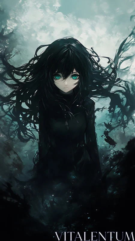 Storm-lit girl with sea-green eyes in swirling shadows.