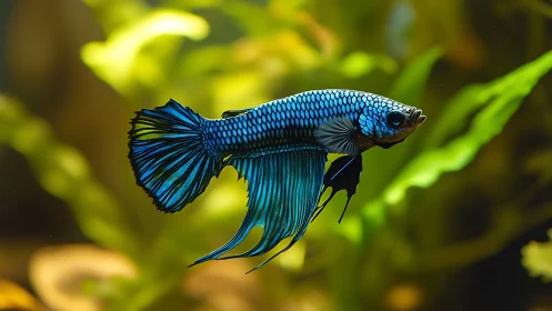 Blue betta fish glides through lush, softly lit aquarium waters