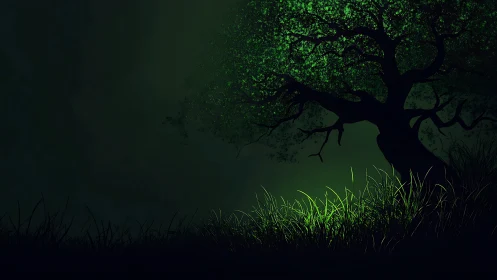 Whisperlit tree crowned in emerald glow over shadowed grass.