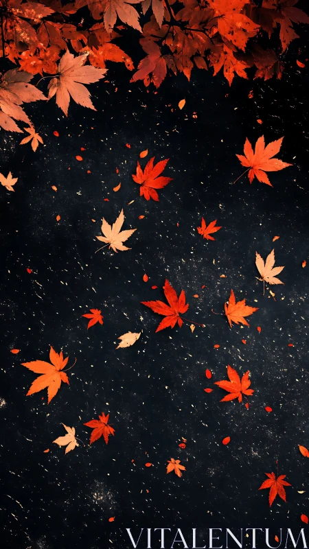 Autumn maple foliage on dark textured ground, high contrast study.
