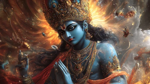 Celestial blue deity resting within swirling cosmic fire.