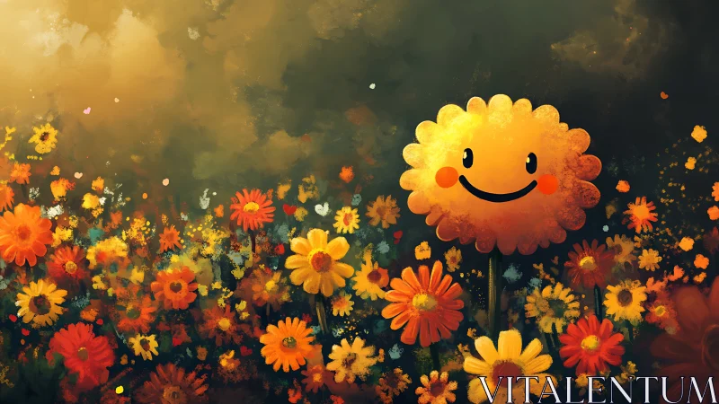 Anthropomorphic sun figure positioned within stylized floral field composition