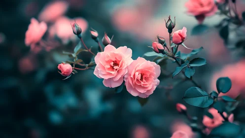 Pink Roses with Bokeh Foliage Against Teal Atmospheric Background