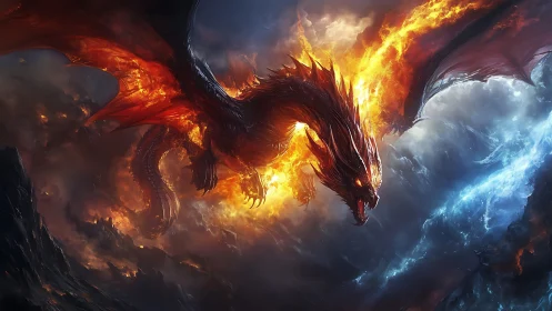 Fierce fire dragon soars through stormy sky in blazing power