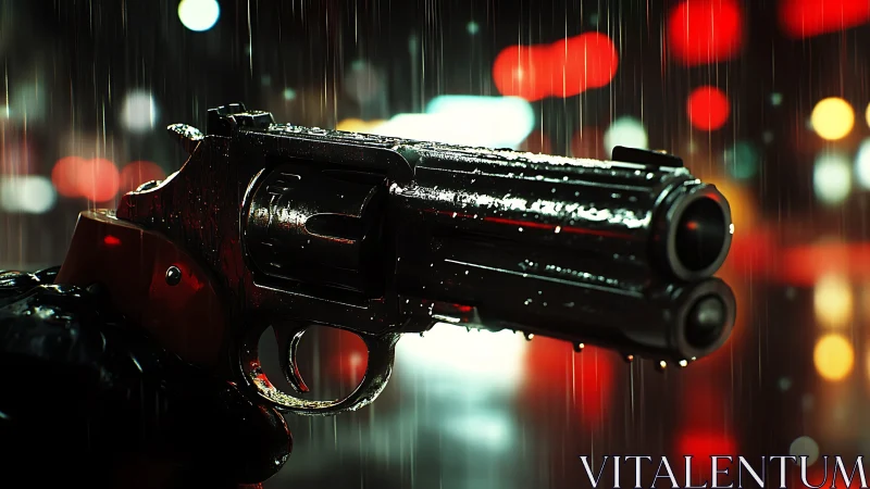 Chrome revolver close-up under neon rain with bokeh glow.