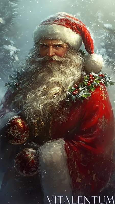 Snowy winter Santa with twinkling ornaments and holly glow.