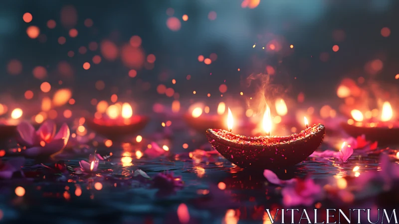 Glimmering floating candles bring gentle warmth to night waters.