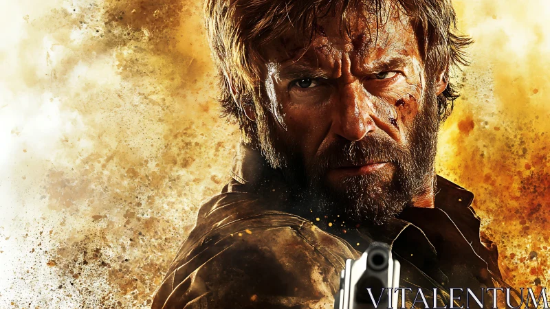 Battle-scarred gunslinger glaring through a storm of embers.