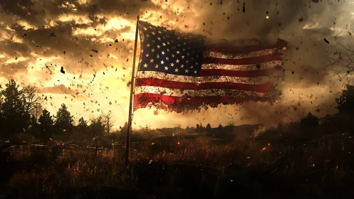 Tattered American flag billows through a storm of burning ash