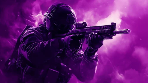 Violet storm commando locked in neon battlefield focus.