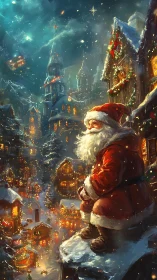 Santa overlooking illuminated snowy Christmas village.