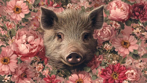 Curious boar peeking through a dreamy garden of blossoms.