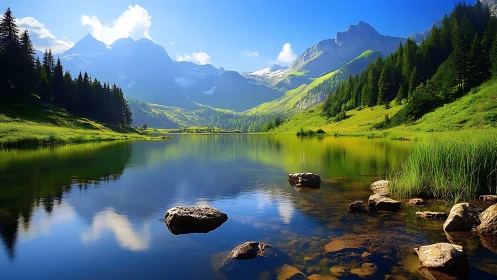 Mountain lake with conifer forest reflection under clear sky.