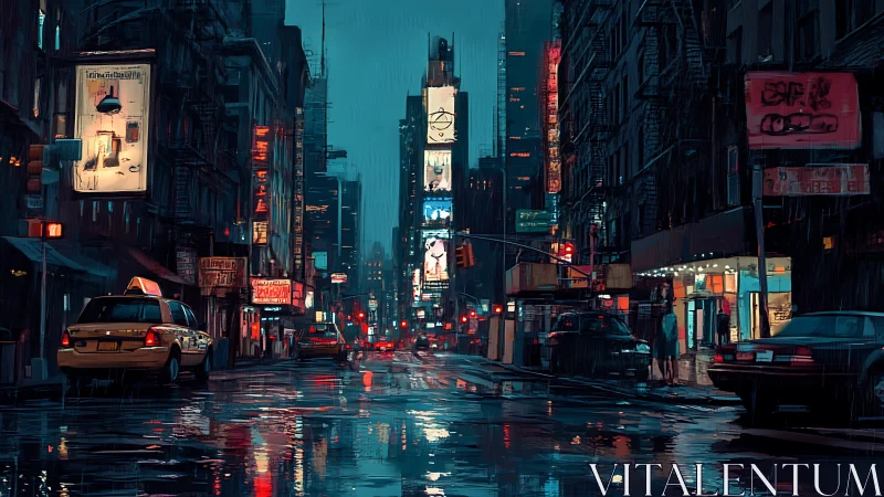 Midnight city rain turning neon streets into soft rivers.