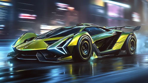 Neon hypercar accelerates through rain-soaked cyberpunk avenue