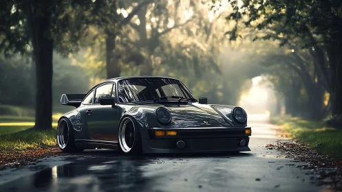 Widebody classic sports sedan on misty tree-lined country lane