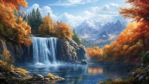 Mountain waterfall amid autumn forest and calm lake scene.