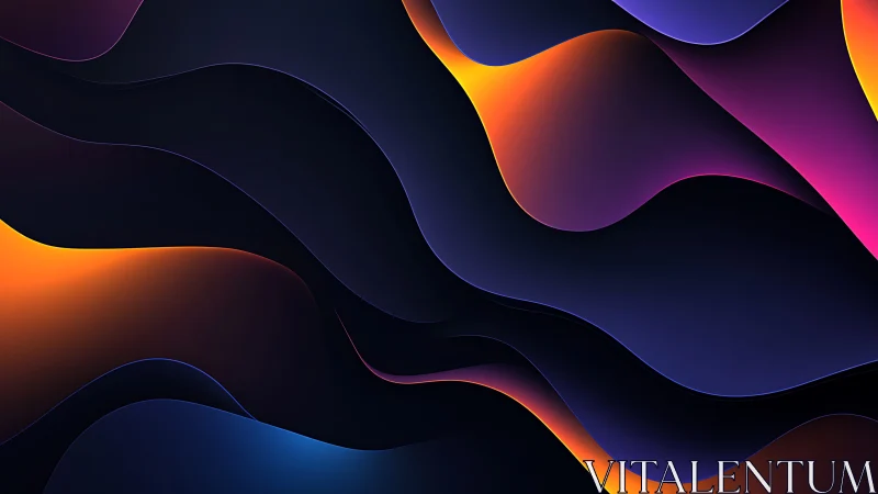 Neon gradient waves with layered curves and dark voids.