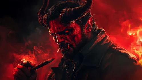 Demonic horned figure grips pencil amid swirling red fire