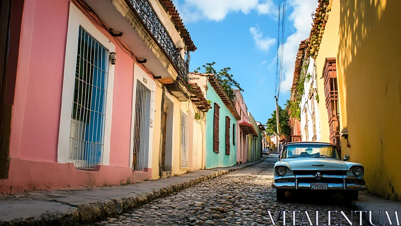 Cobbled urban street with pastel facades and parked sedan.