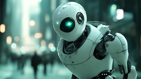 Humanoid inspection drone studies neon city crowd in depth