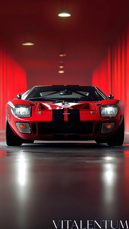 Red GT race car glows under tunnel lights, bold stripes.