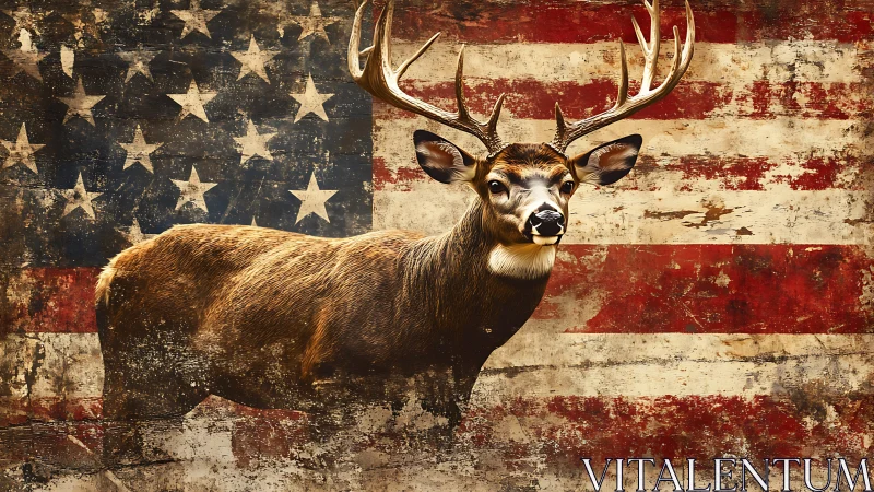 Deer with large antlers on worn American flag background.