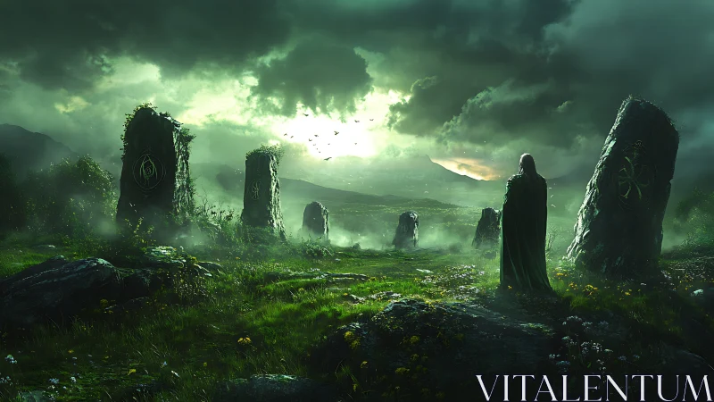 Mysterious cloaked wanderer greets a glowing stone circle