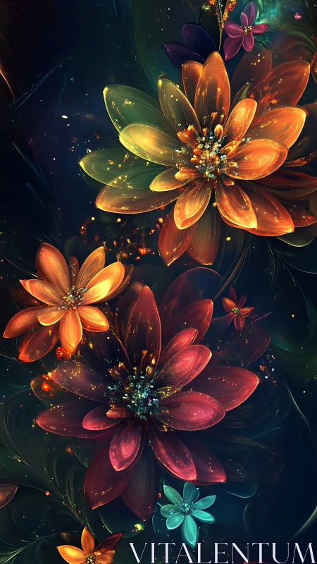 Digitally rendered luminous flowers on dark gradient field.