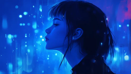 Solitary blue-lit profile studies quiet focus in neon haze