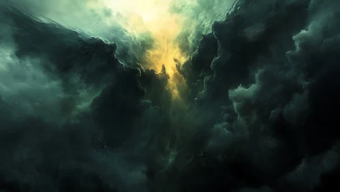 Celestial chasm opening through storm-sculpted emerald clouds.
