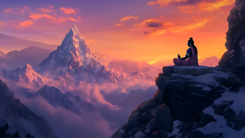 Solitary monk meditates above snow peaks at sunrise