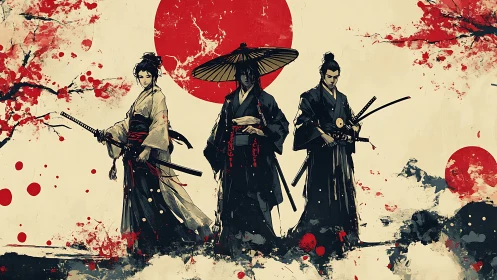 Samurai trio before red sun in ink splatter style.