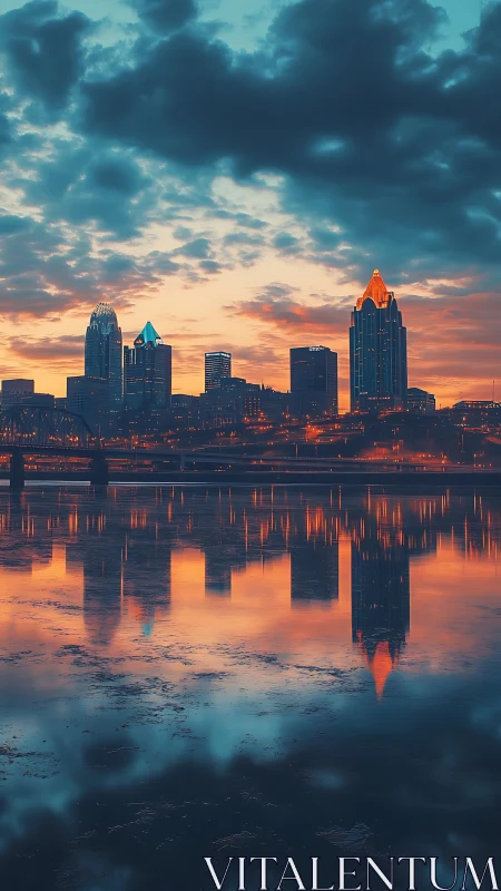 City skyline glows under dramatic sunset and water reflections.