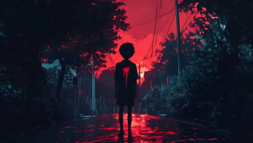 Crimson twilight walk with a quiet silhouette dreamer.