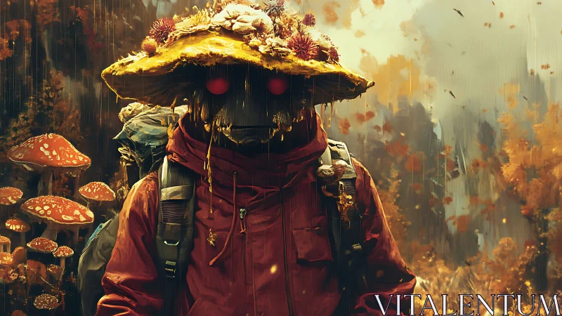 Mushroom wanderer in a glowing autumn forest dreamscape.
