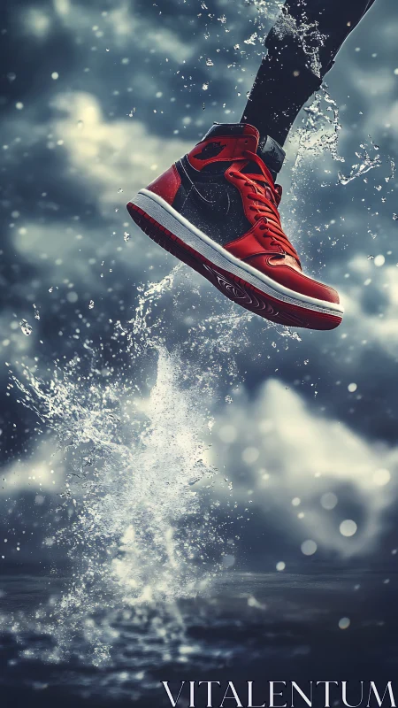 Red high-top sneaker above water splash in motion study.