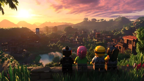 Brick-built dreamers greet a golden valley sunset horizon.