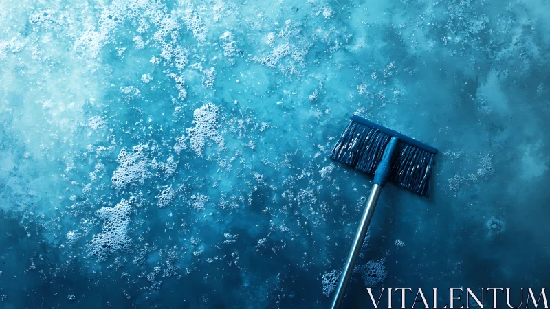 Wet floor surface with soap foam and cleaning broom tool.