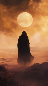 Hooded wanderer studies burning moon above desert haze.