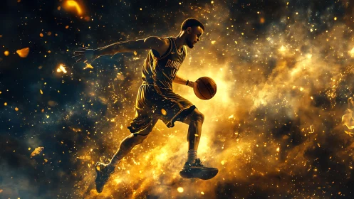 Starlit baller blazes through cosmic court of fire.