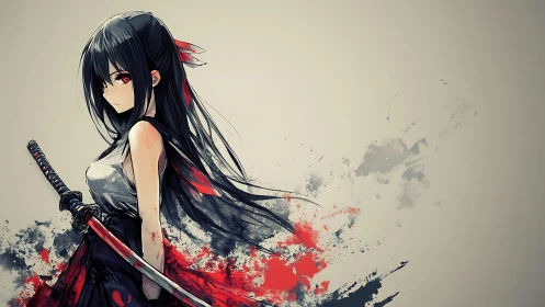 Anime swordswoman with red katana amid abstract splashes.