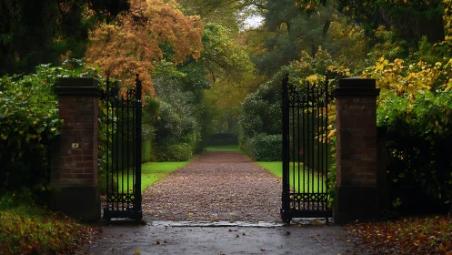 Autumn gateway whispering toward a rain-kissed garden path.