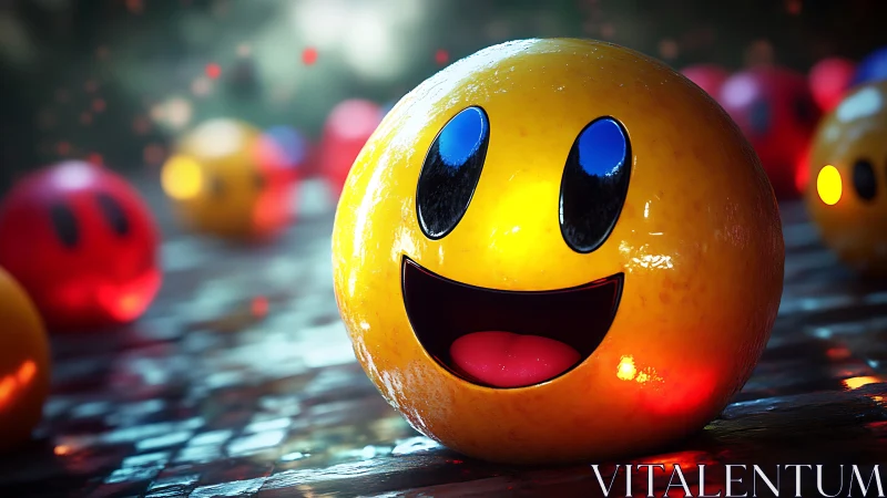 Glowing smiley sphere on wet pavement amid blurred orbs.