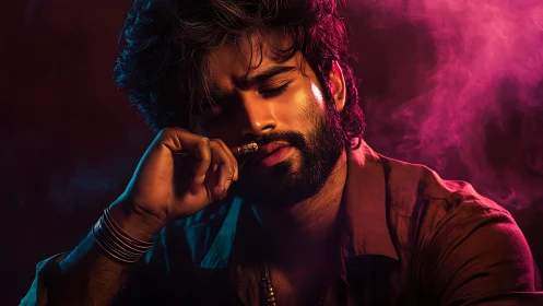 Moody neon portrait captures contemplative smoker in colored haze