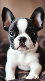 Close-up photorealistic portrait of black and white Boston terrier puppy