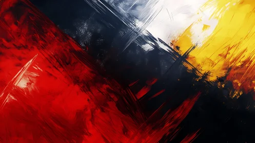 Bold Abstract Painting With Red, Black, Yellow, and White Brush Strokes.