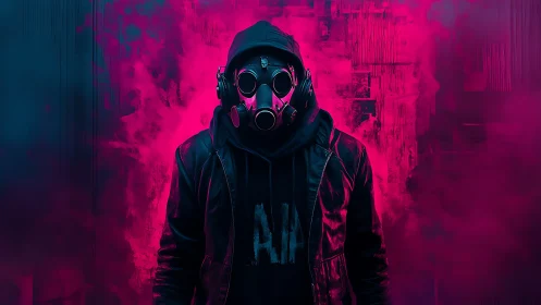 Hooded gas mask figure stands in neon pink cyberpunk haze