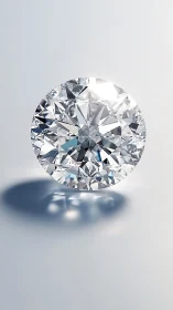 Round brilliant cut diamond on pale reflective surface.